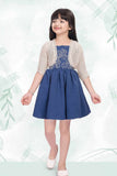 Denim Blue Embroidered Dress With Crochet Shrug For Girls