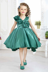 Green Partywear Frock Embellished With Flowers For Girls