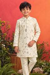 Boys Cream Kurta Pajama Set with Floral Gota Patti And Sequin Work