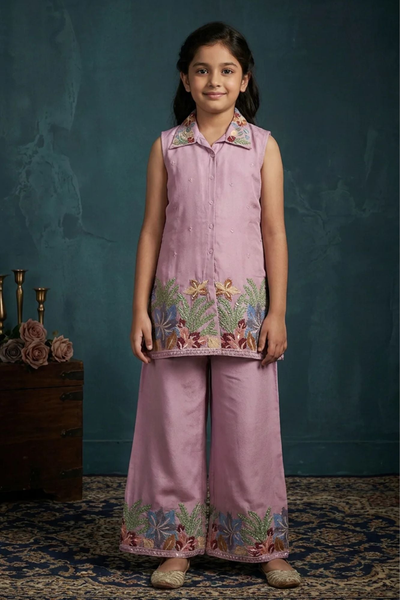 Pink Floral Embroidered Plazzo Set For Girls