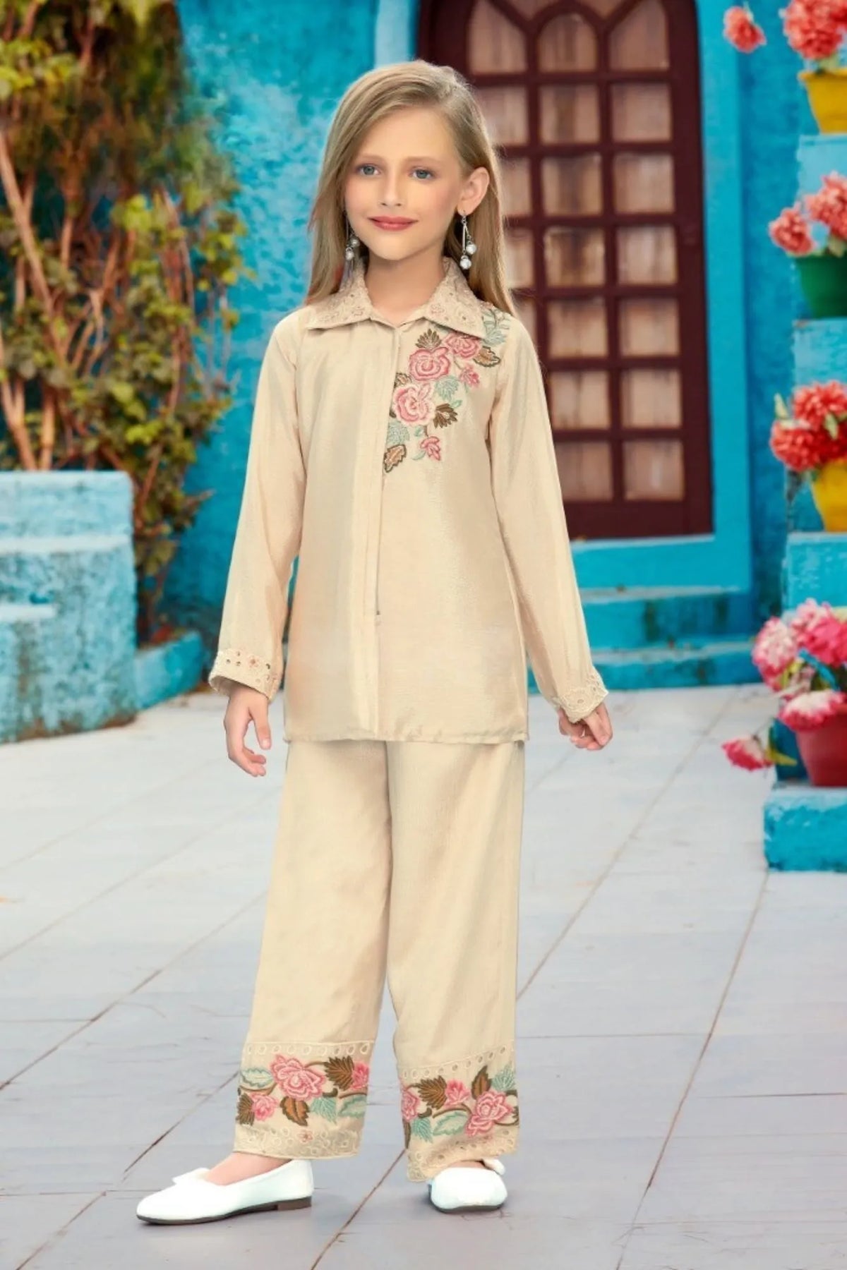 Beige Embroidered Ethnic Co-Ord Set For Girls