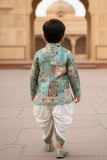 Aqua Blue Patchwork Printed Kurta Dhoti Set for Boys