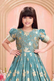 Blue Floral Brocade Ethnic Gown For Girls