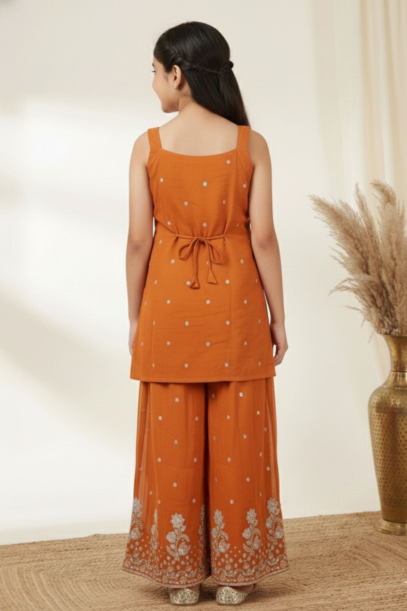 Rust Orange Embroidered Kurta with Palazzo Set for Girls