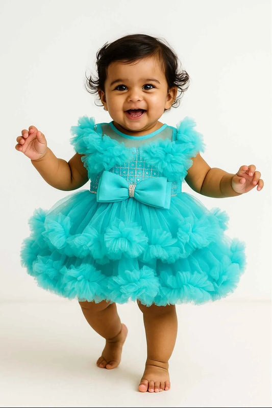 Sea Green Ruffled Net Party Frock With Embellished Bow For Girls