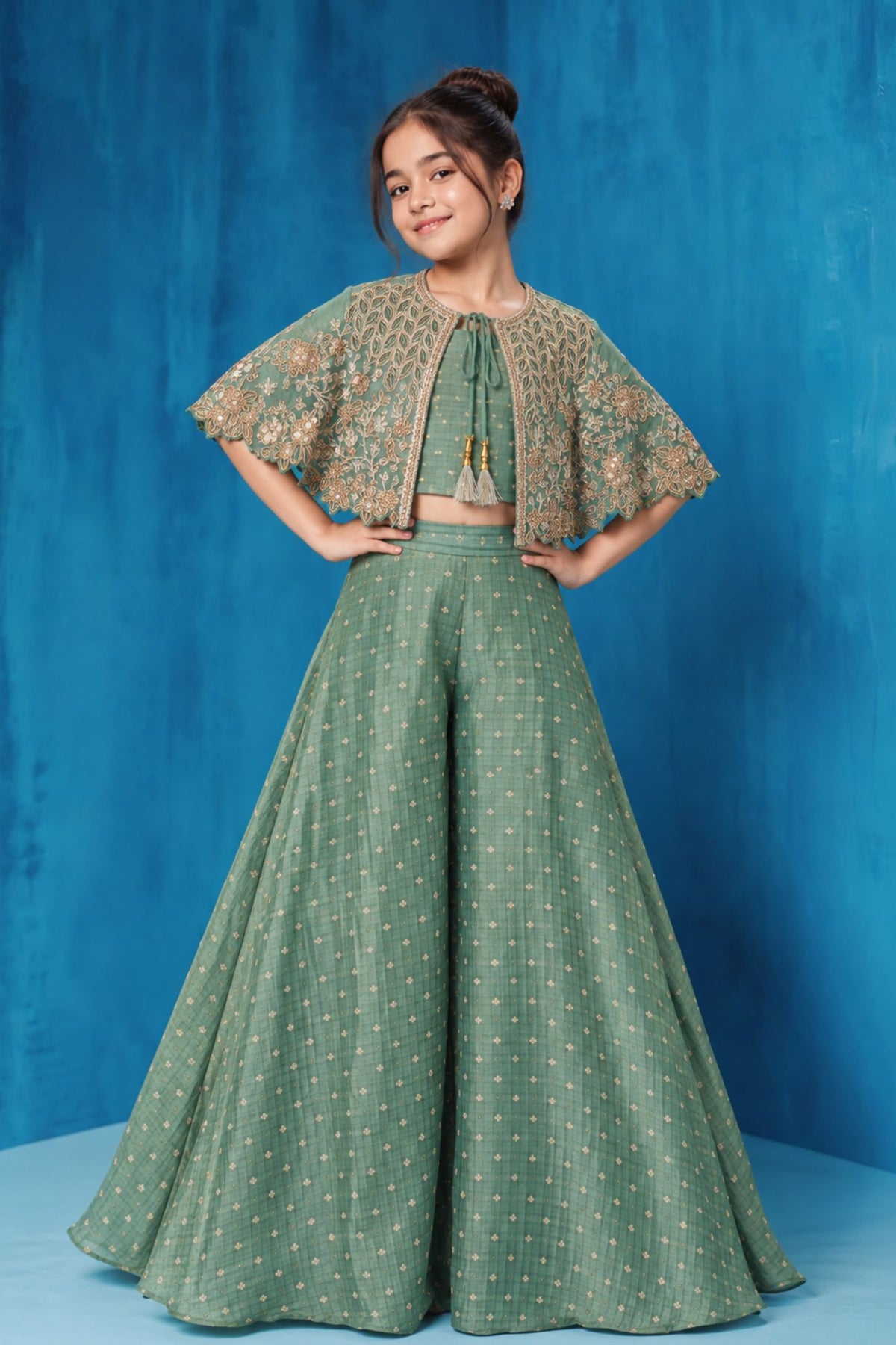 Girls Sage Green Floral Embroidered Palazzo Set With Jacket And Dupatta