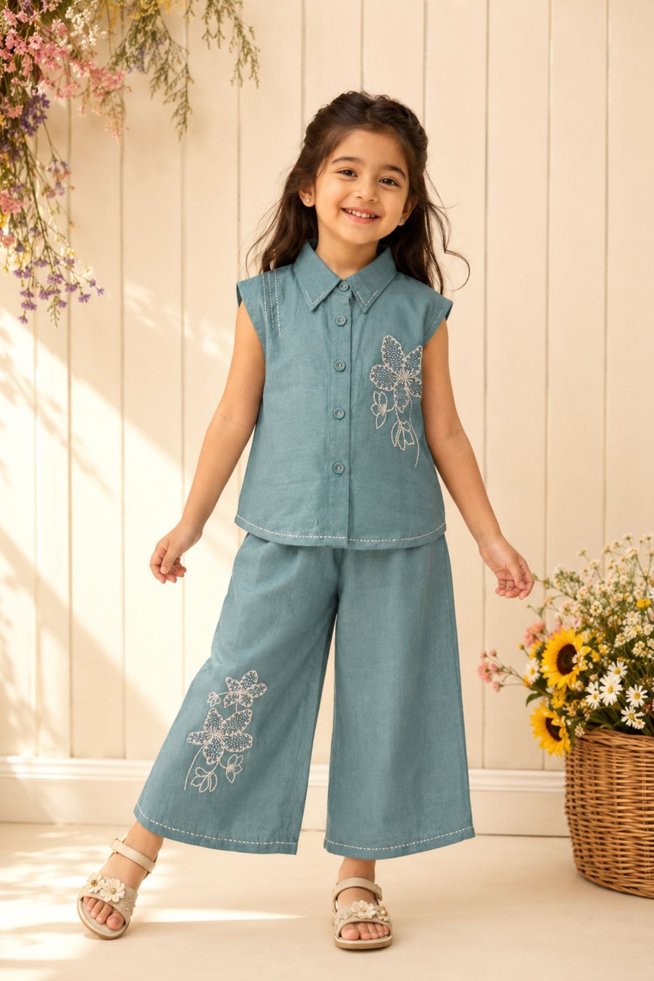Aqua Blue Floral Embroidered Shirt & Wide-Leg Co-Ord Set