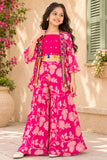 Pink Printed Co-Ord Set With Embellished Overcoat For Girls