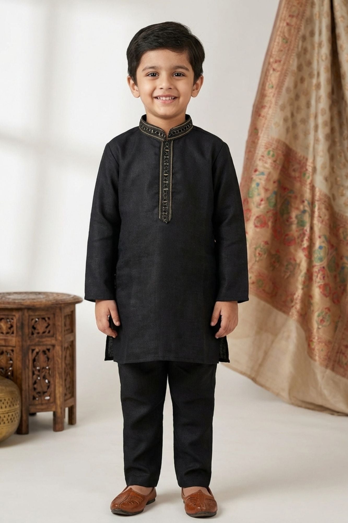 Black Embroidered Linen Kurta Set For Boys
