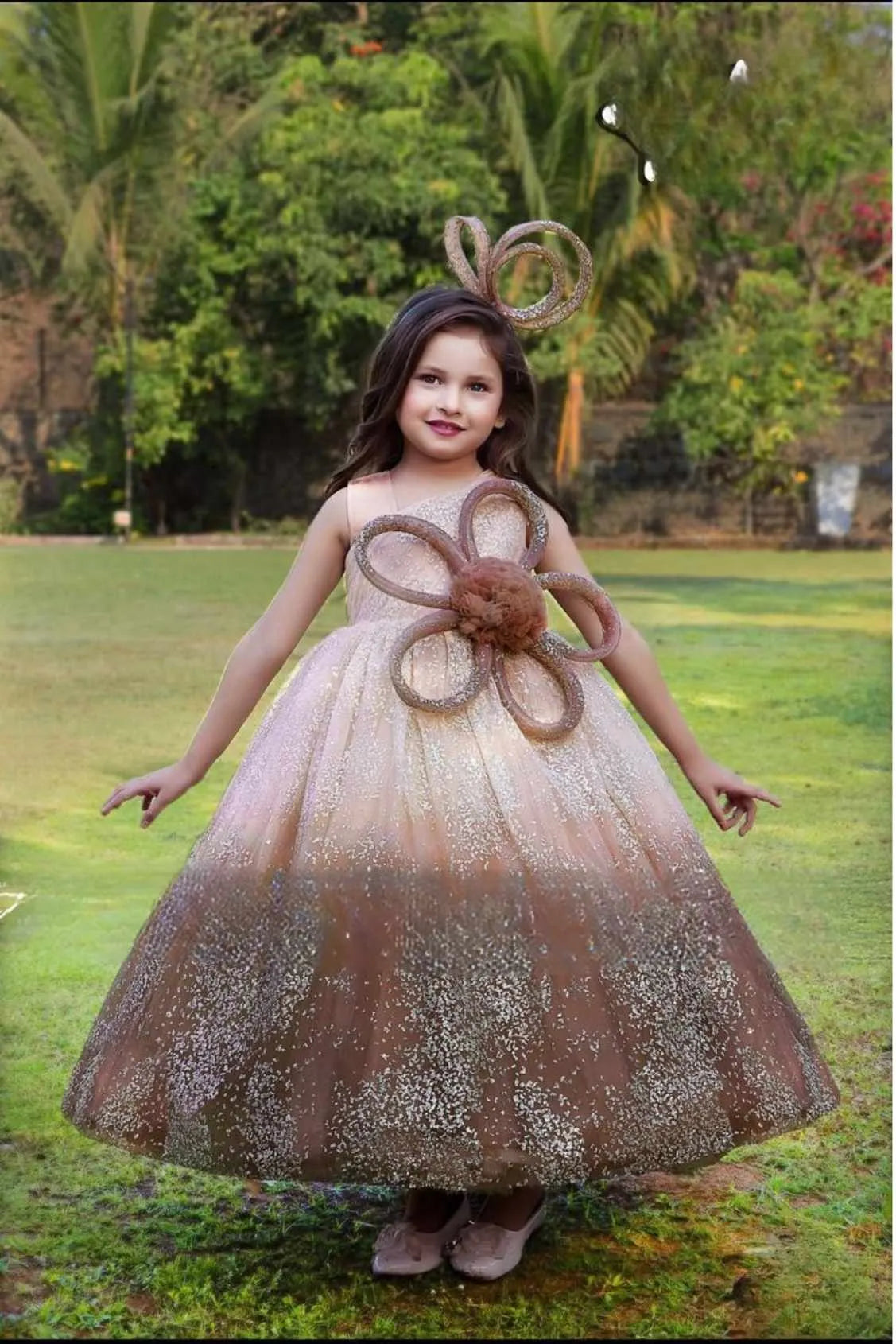Brown Ombre One-Shoulder Sparkle Party Gown for Girls