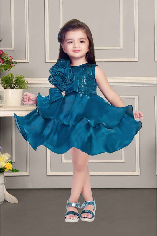 Teal Blue Frock With Bow Embellished And Sequin For Girls