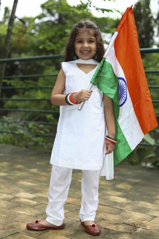 White Cotton Chikankari Kurta Set with Dupatta  For Girls