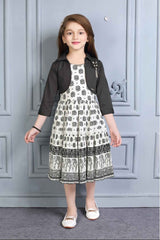 White Casual Printed Frock With Overcoat For Girls