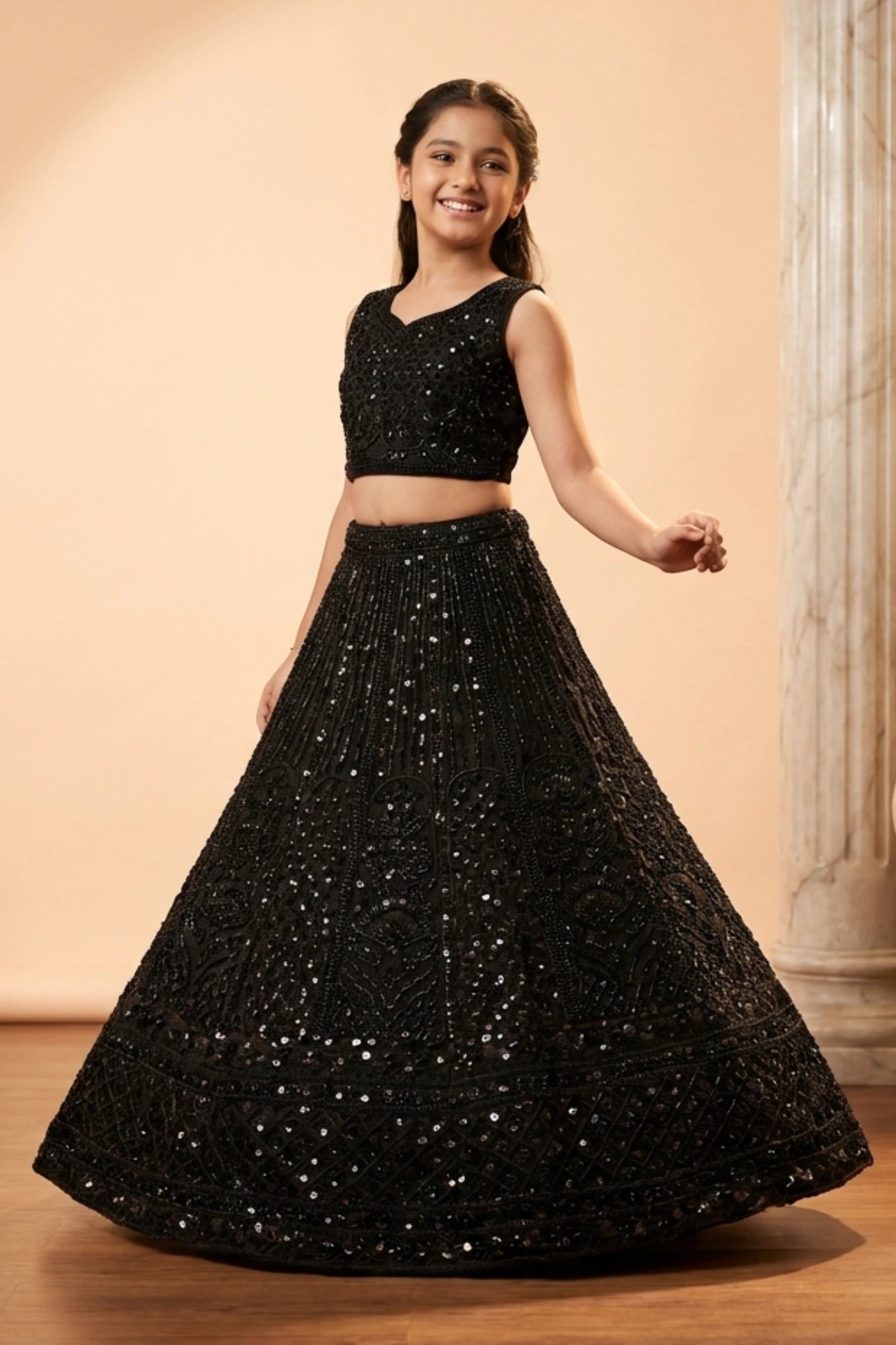 Black Sequin Embroidered Lehenga Set For Girls