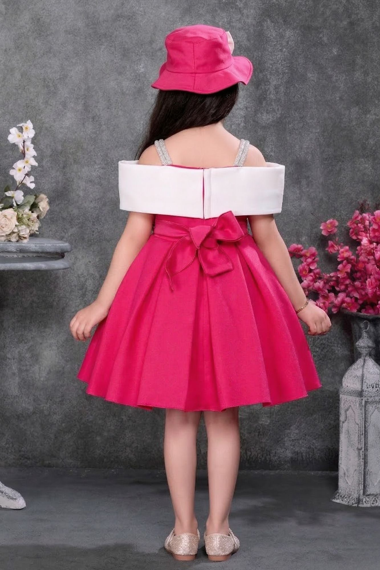 Hot Pink Off-Shoulder Bow Party Wear Frock with Matching Hat For Girls