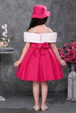 Hot Pink Off-Shoulder Bow Party Wear Frock with Matching Hat For Girls