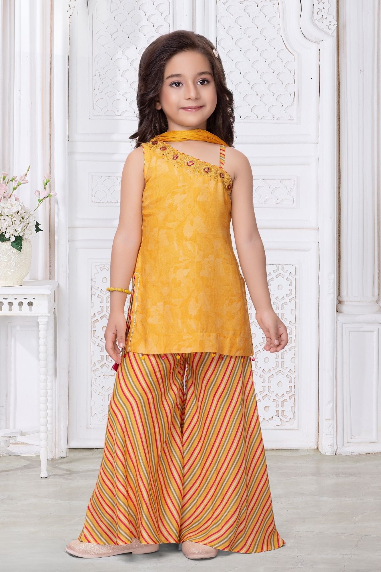 Girls Mustard Yellow Embroidered Palazzo Set With Leheriya Print And Dupatta