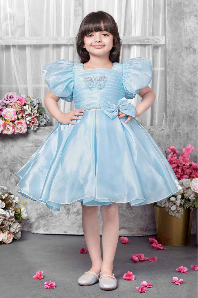 Sky Blue Puff-Sleeve Party Frock With Butterfly Embellishment For Girls 6-12M (16) Sky Blue Puff-Sleeve Party Frock With Butterfly Embellishment For Girls 6-12M (16)