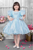 Sky Blue Puff-Sleeve Party Frock With Butterfly Embellishment For Girls