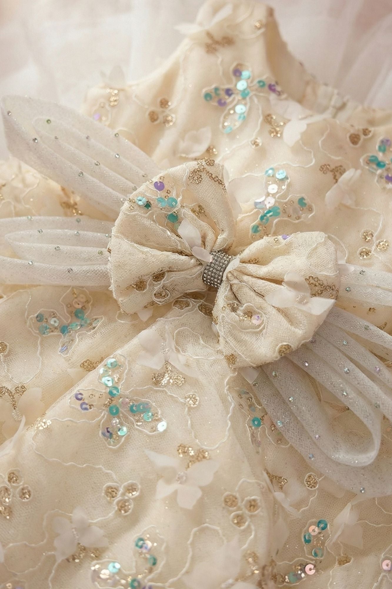 Girls Cream Layered Party Wear Gown with Floral Embroidery And Statement Bow