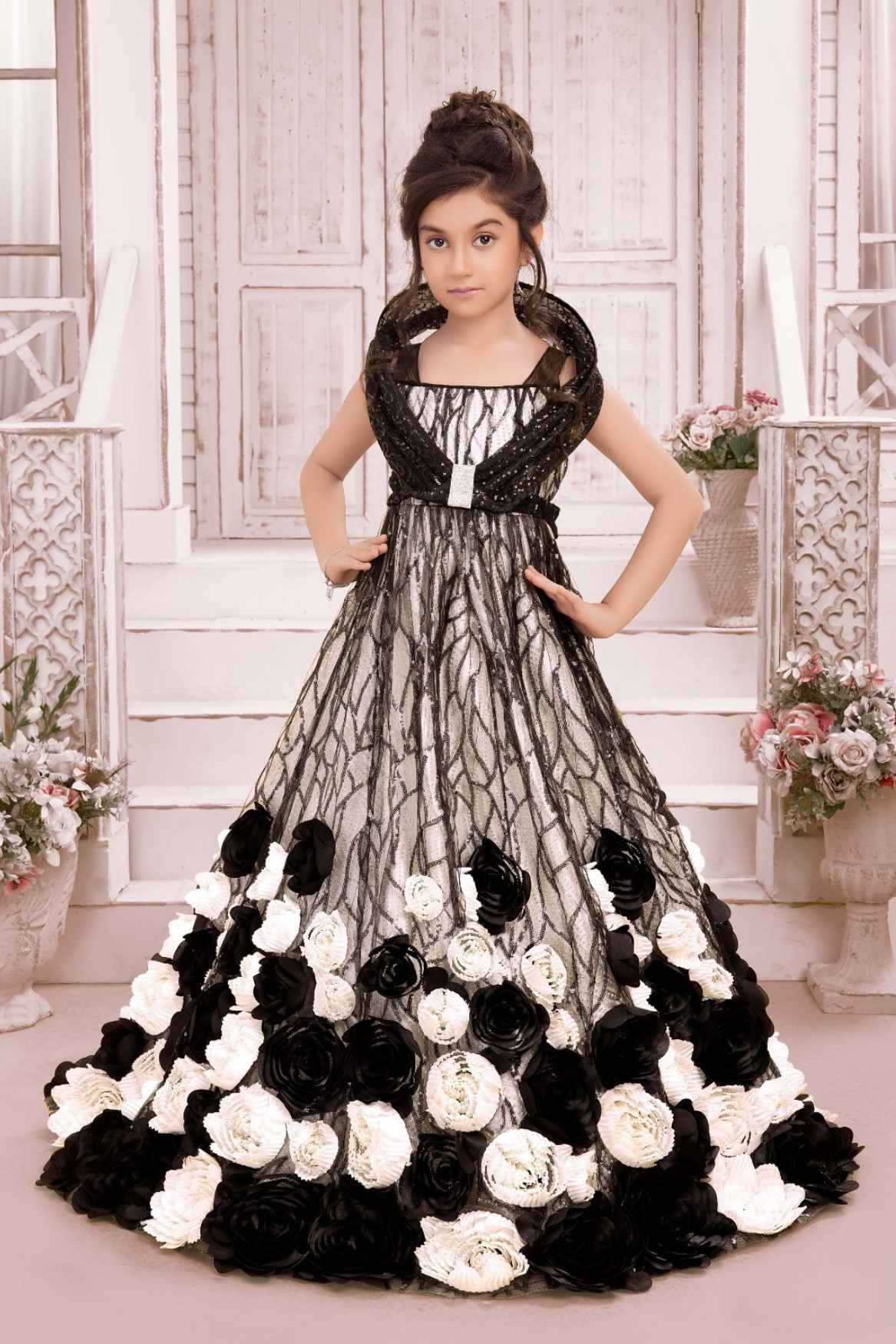 Designer Black And White Sequins Work With Floral Embellished Party Wear Gown For Girls