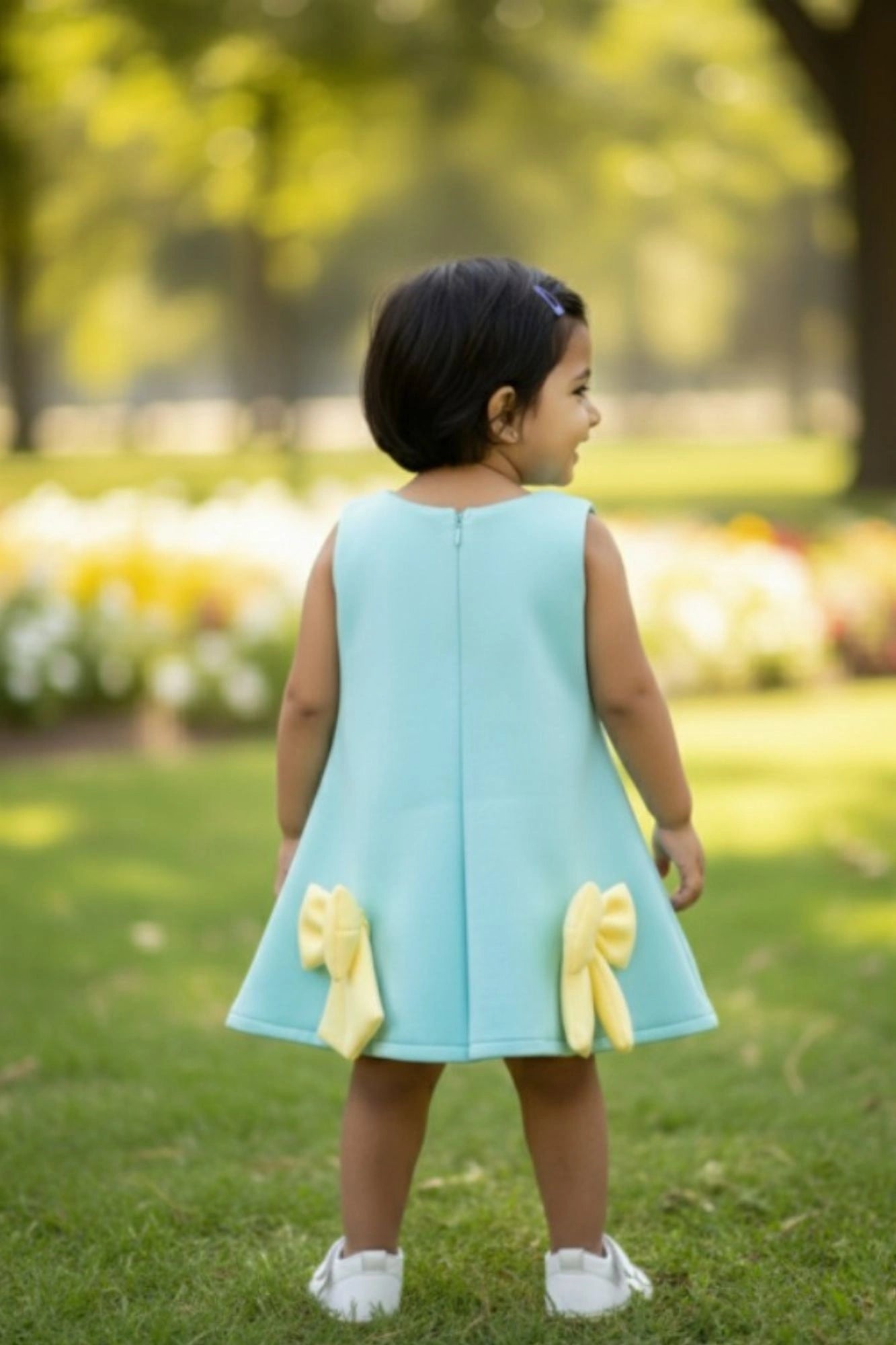 Aqua Blue Party Frock with Yellow Bow Accents For Girls