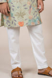 Boys Green Floral Embroidered Kurta Set with Cream Pyjama
