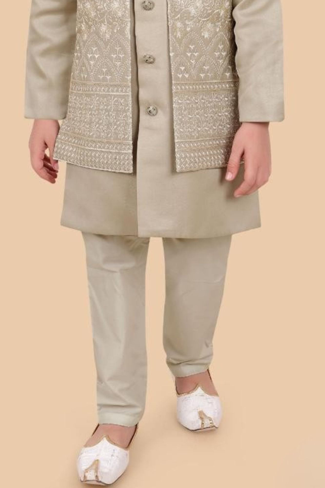 Boys Fawn Embroidered Kurta Set with Jacket