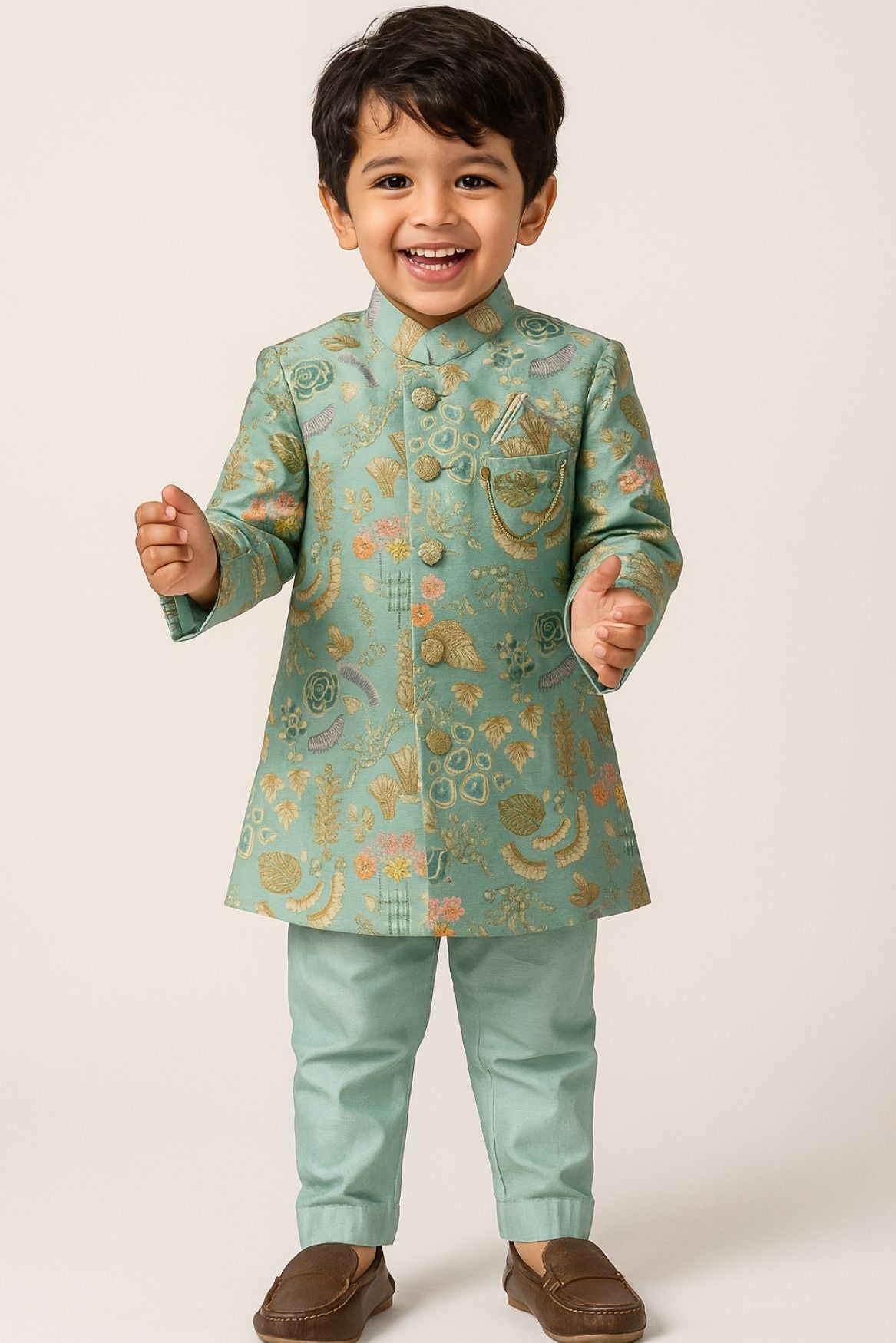 Elegant Sea Green Floral Embroidered Sherwani Set For Boys