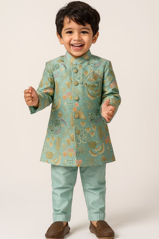 Elegant Sea Green Floral Embroidered Sherwani Set For Boys