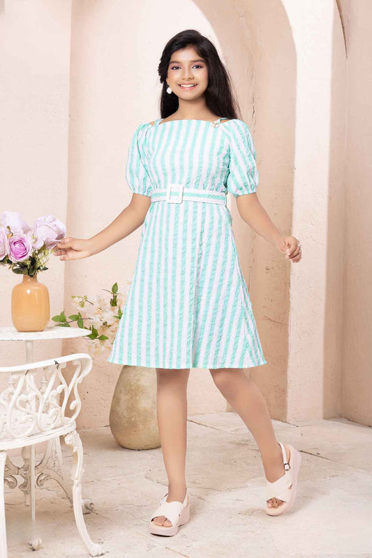 Green Cap Sleeves With Off Shoulder Stripe Frock For Girls