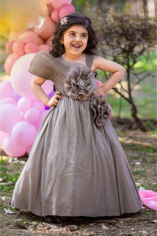 Metallic Grey Floral Embellished Part Wear Gown For Girls
