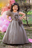 Metallic Grey Floral Embellished Part Wear Gown For Girls