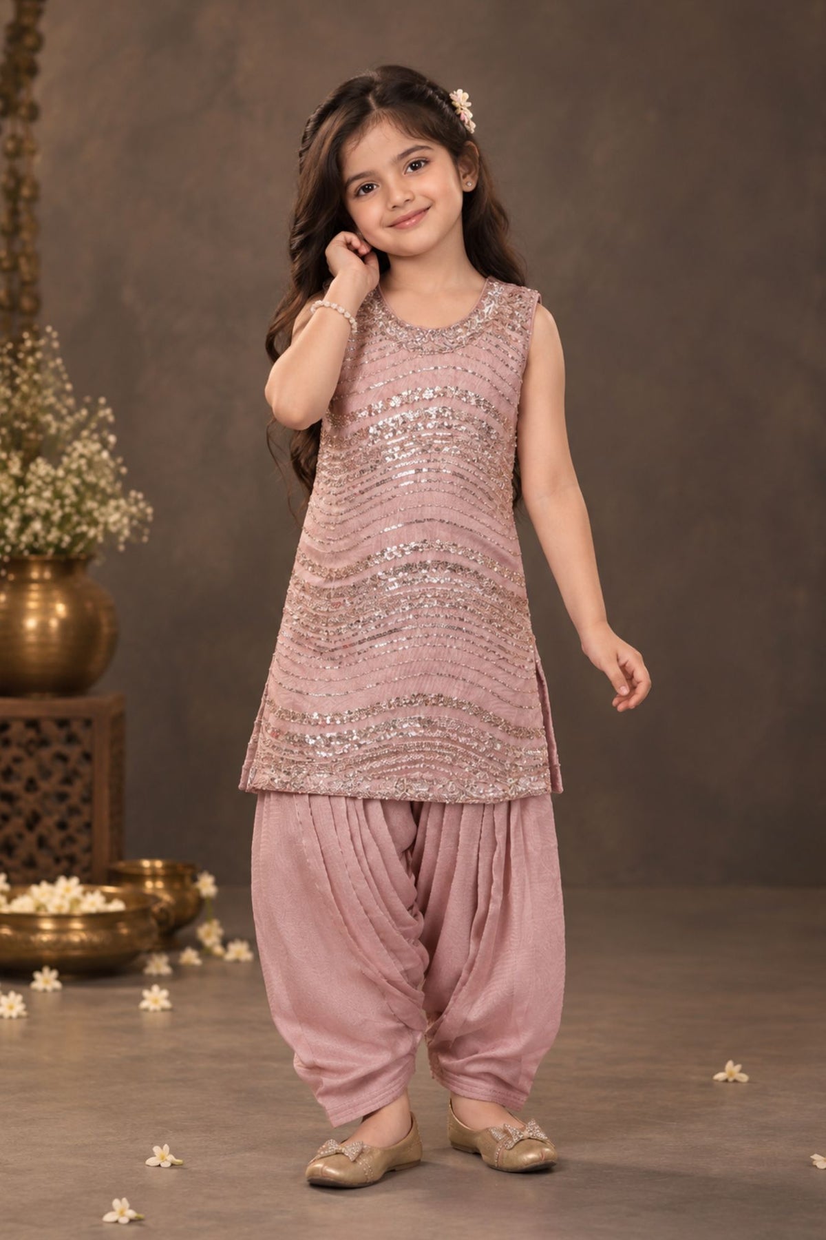 Dusty Pink Sequin Embellished Patiala Set For Girls
