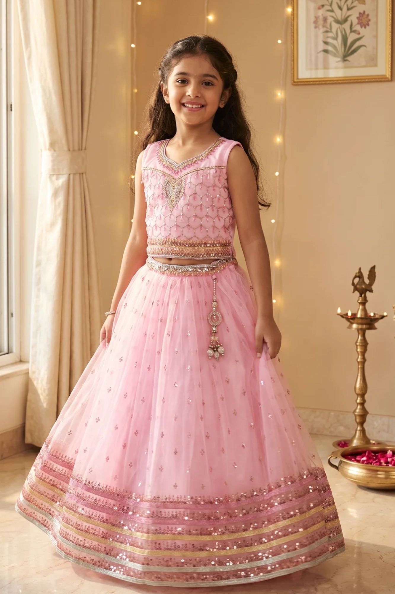 Pink Embellished Lehenga Choli for Girls