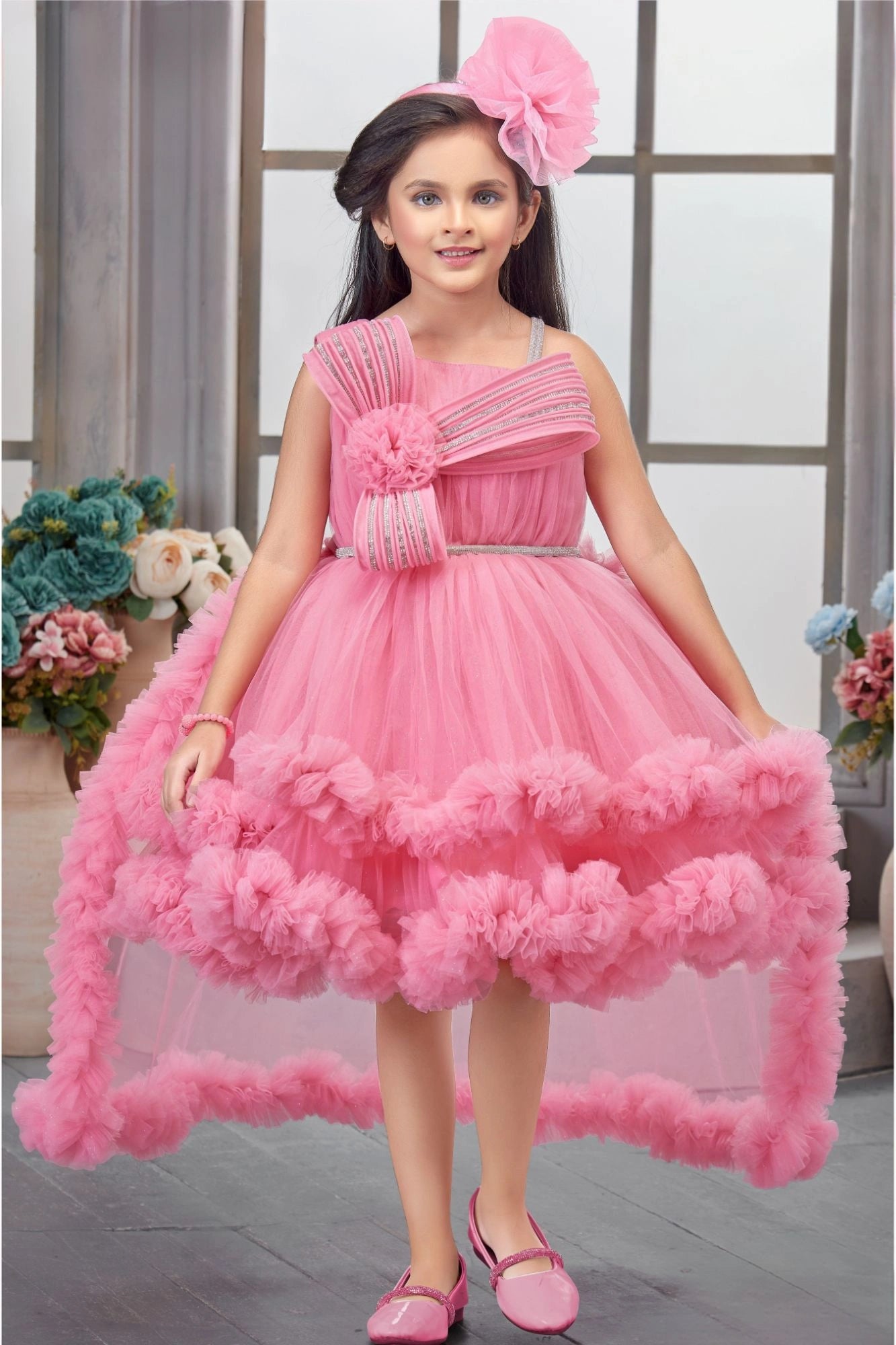 Baby Pink Layered Ruffle Party Frock With Tailback For Girls