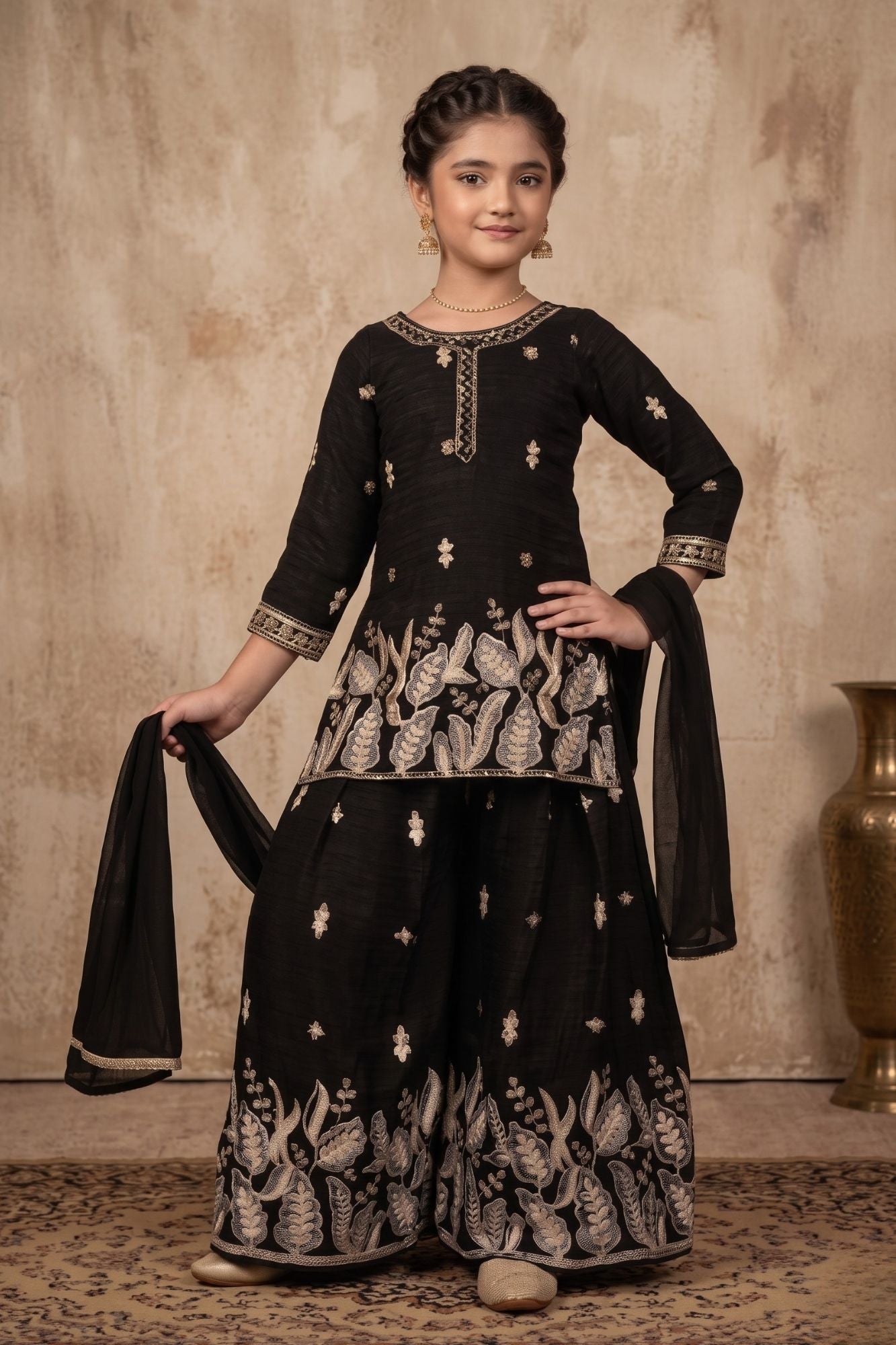 Black Zari Embroidered Palazzo Set For Girls