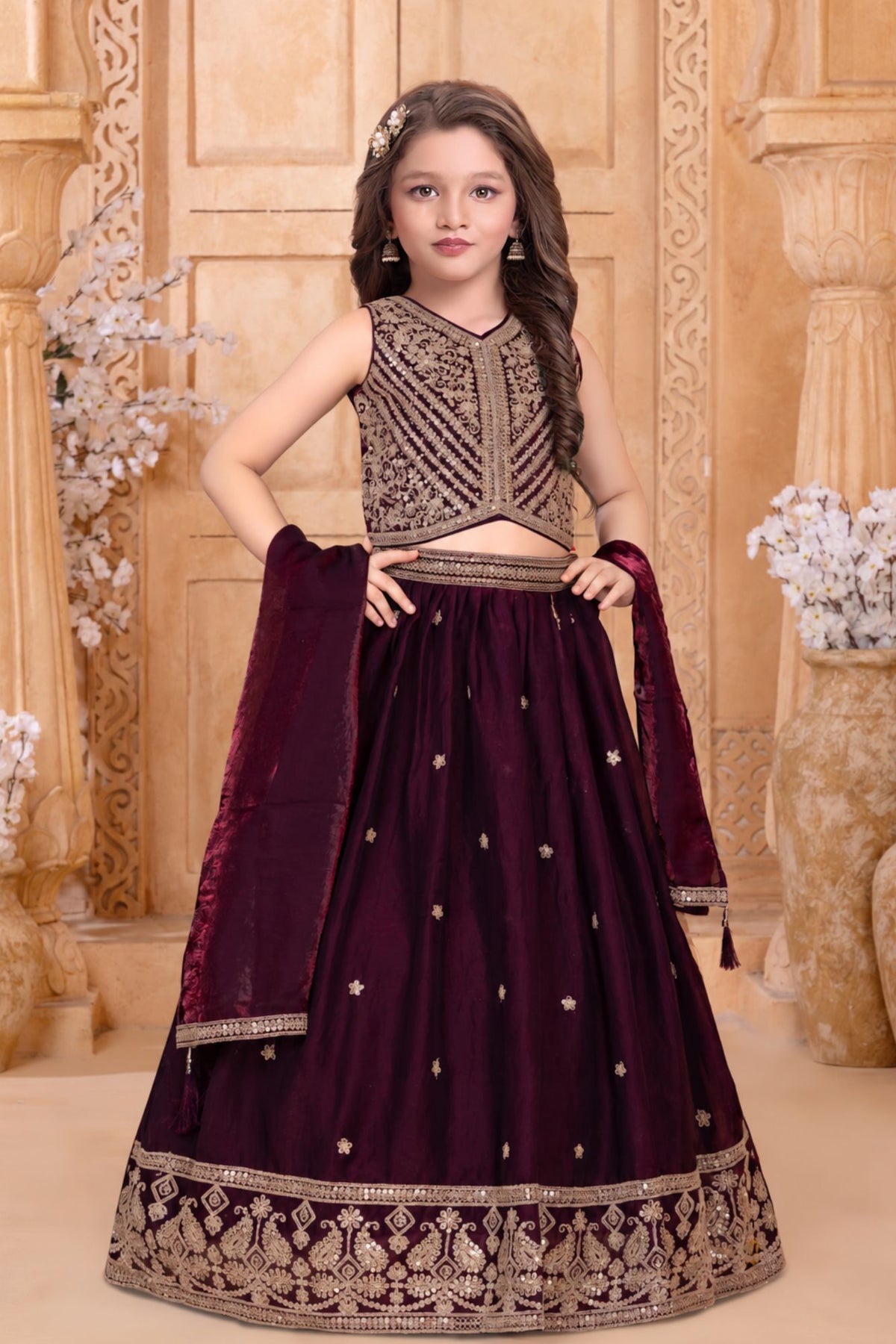 Girls Wine Embroidered Lehenga Choli Set With Dupatta
