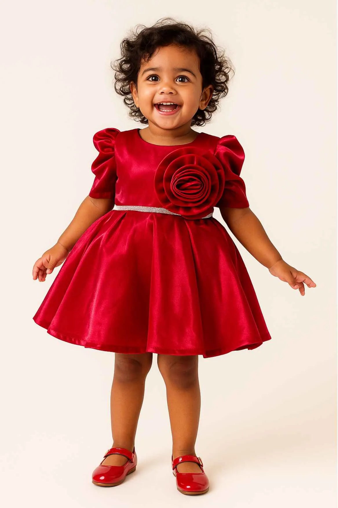 Red Puff Sleeve Party Dress With Oversized Rosette For Girls