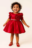Red Puff Sleeve Party Dress With Oversized Rosette For Girls