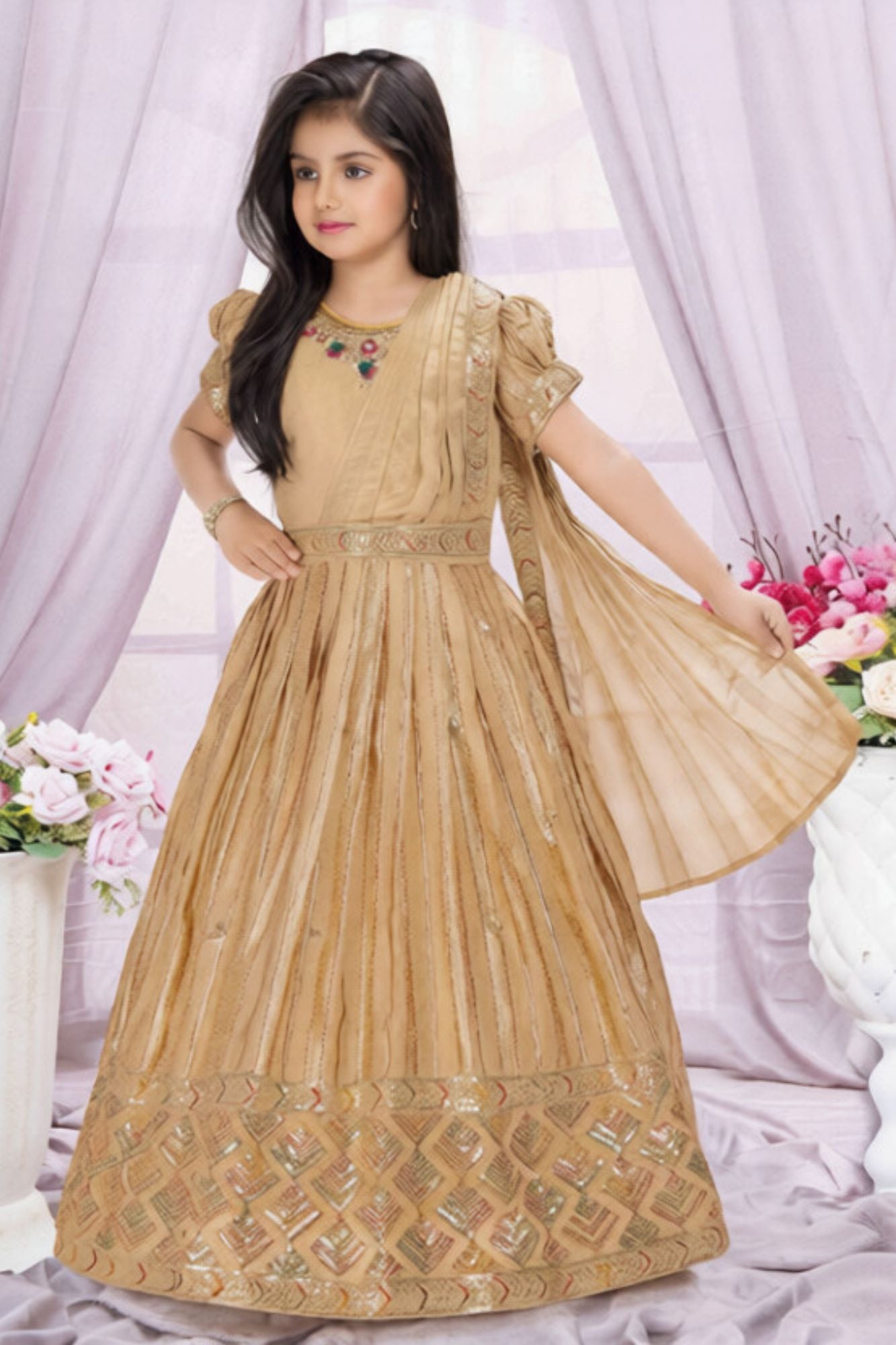 Golden Beige Sequins Embroidered Ethnic Gown with Dupatta for Girls