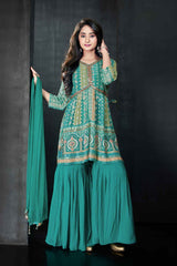 Rama Green Printed And Mirror Work Top With Sharara Set For Girls