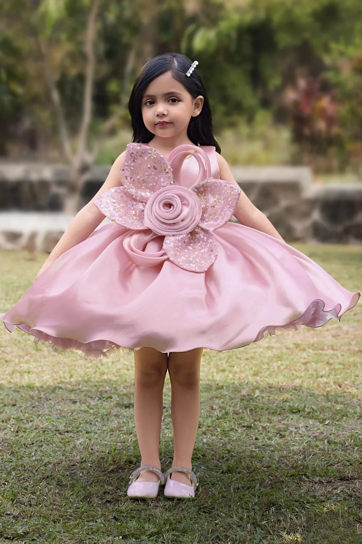 Girls Pink Floral Applique Party Dress With 3d Flower Detail