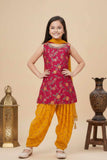 Rani Pink Kurti With Gold Patiala Suit Set For Girls