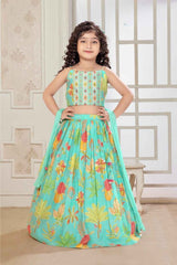 Sea Green Sleeveless And Mirror Work With Floral Printed Lehenga Choli Set For Girls