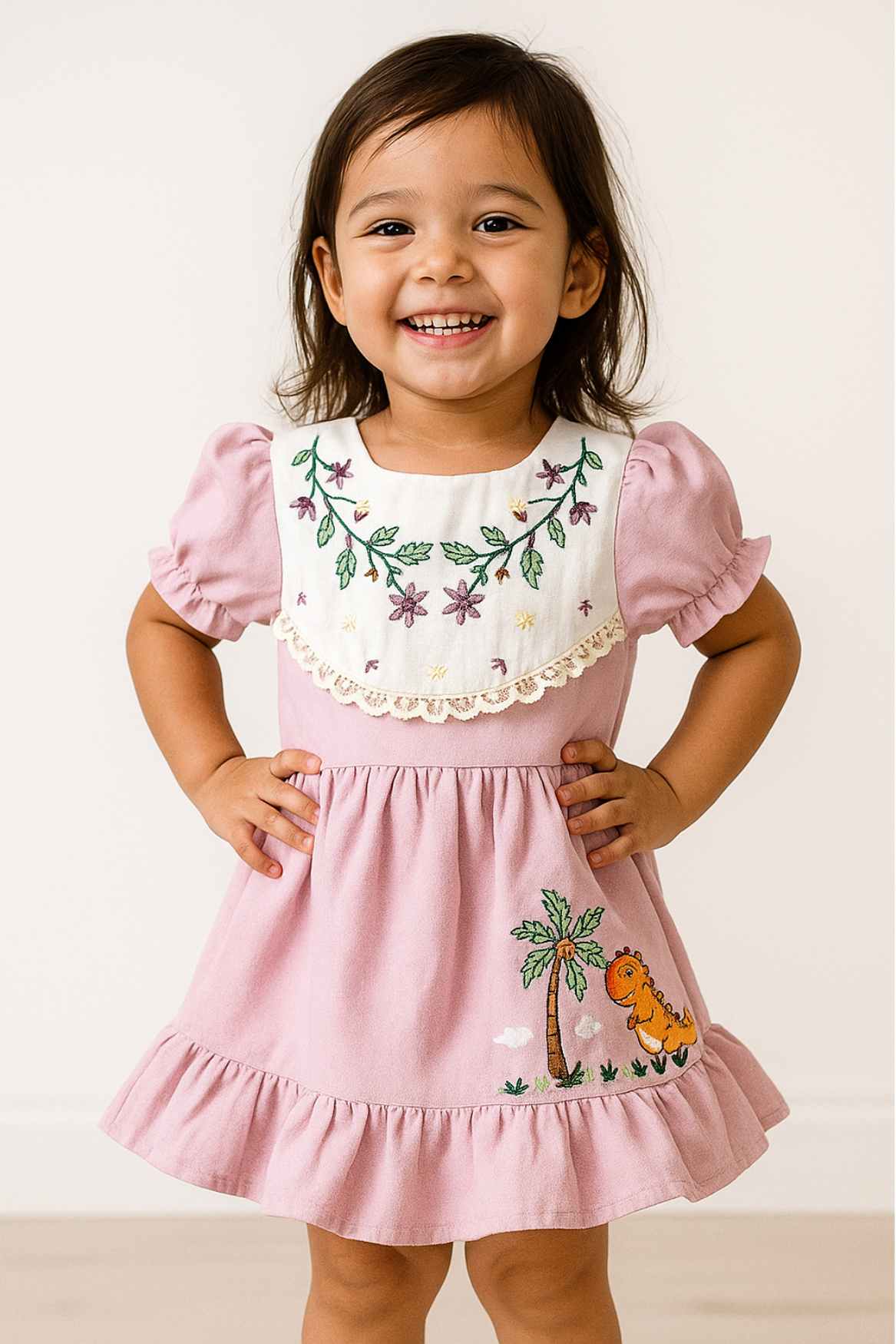 Pink Embroidered Cotton Frock With Puff Sleeves For Girls