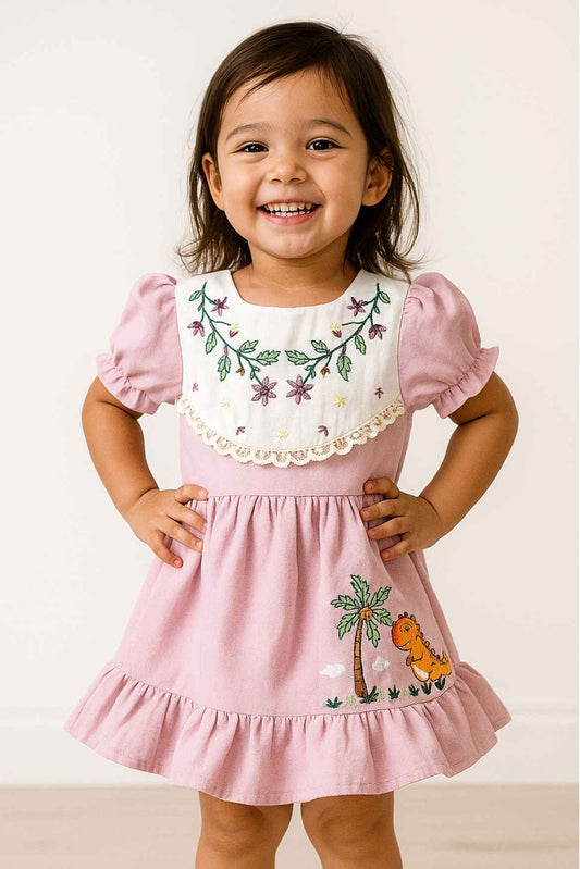 Pink Embroidered Cotton Frock With Puff Sleeves For Girls