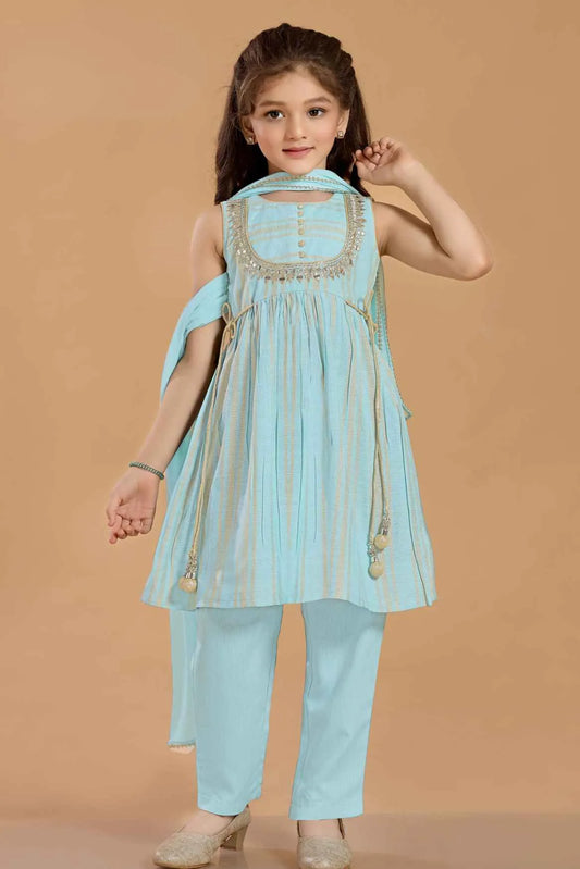 Sea Green Kurta Set with Golden Stripes And Tassel Dupatta For Girls