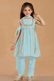 Sea Green Kurta Set with Golden Stripes And Tassel Dupatta For Girls