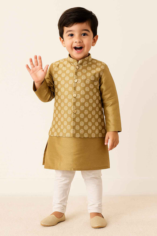 Fawn Silk Kurta Pyjama Set With Printed Nehru Jacket For Boys